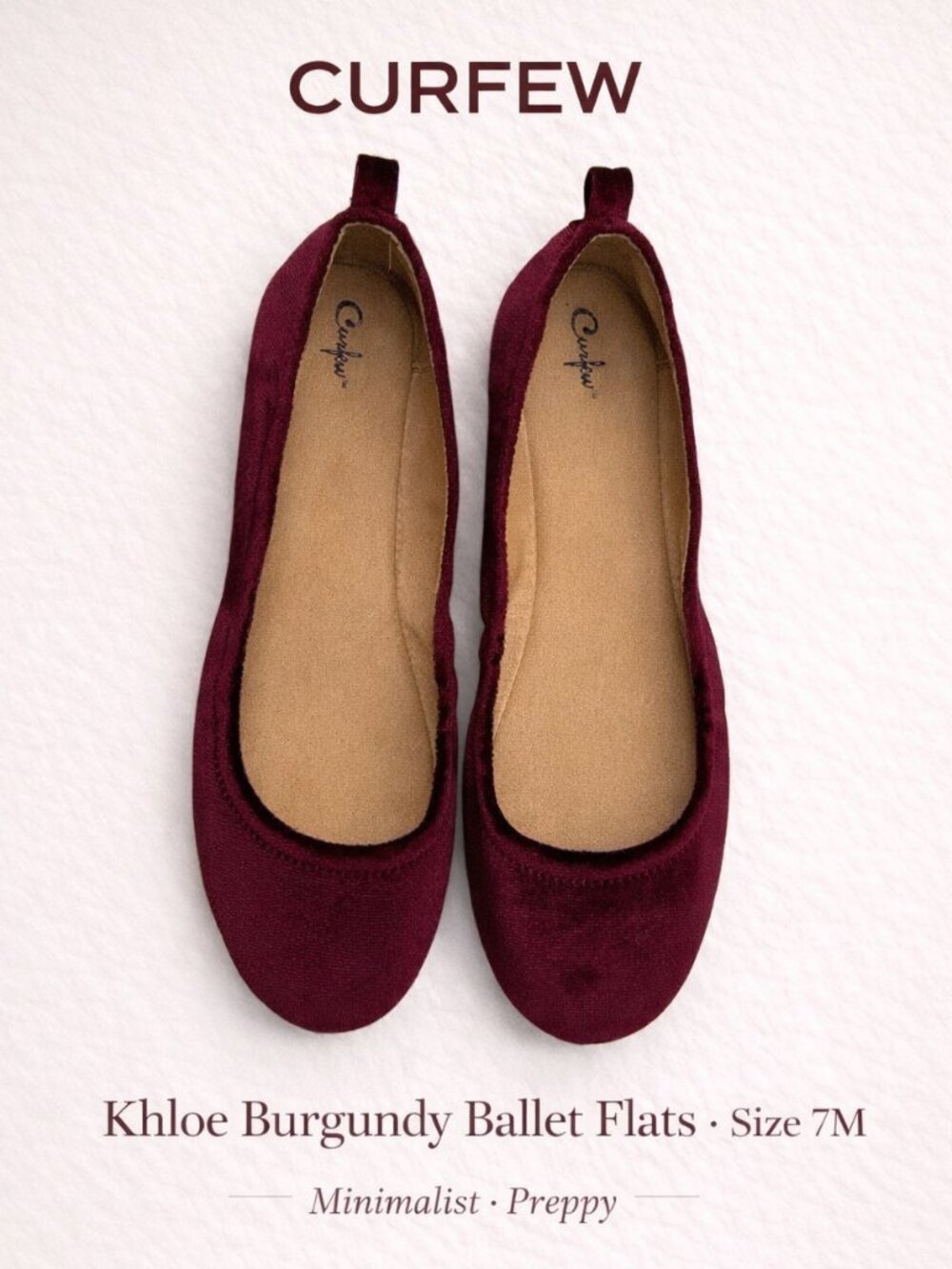 Curfew Khloe Burgundy Velvet Ballet Flats Round Toe Size 7